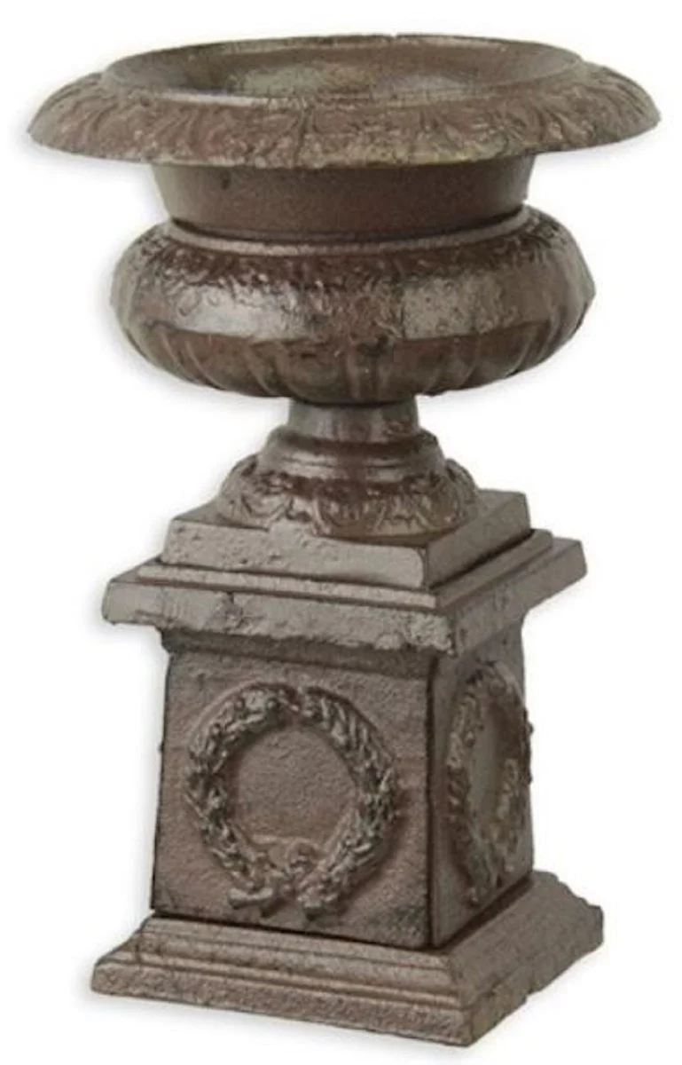 Casa Padrino Barock Vase Antik Braun Ø 14,3 x H. 21,7 cm - Kleine runde Gusseisen Blumenvase mit Sockel - Garten Deko Vase - Barock Deko Accessoires