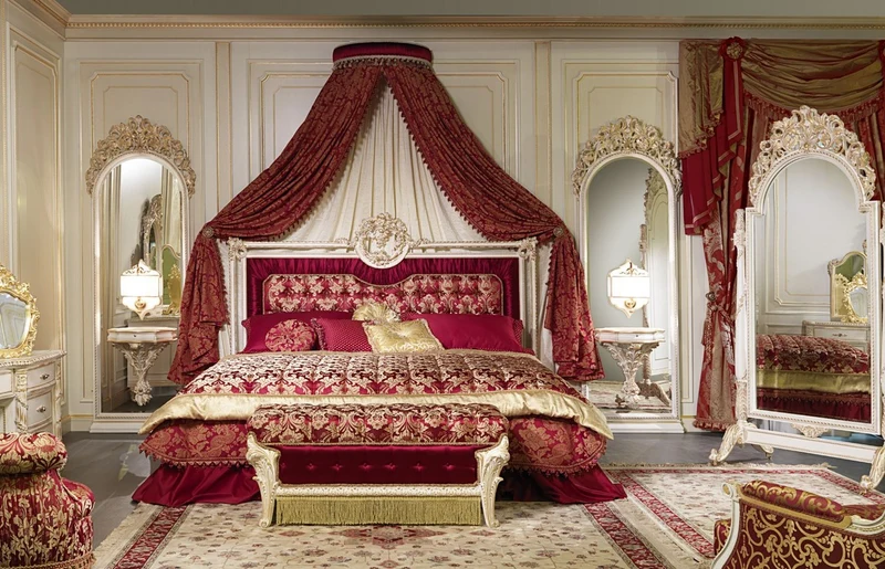 Casa Padrino Luxus Barock Schlafzimmer Set Bordeauxrot / Weiß / Gold - 1 Doppelbett mit Kopfteil & 1 Baldachin & 1 Sitzbank - Barock Schlafzimmer Möbel - Edel & Prunkvoll