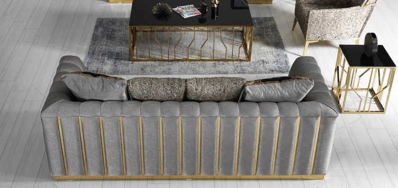Casa Padrino Luxus Wohnzimmer Sofa mit dekorativen Kissen Grau / Gold 240 x 92 x H. 78 cm - Luxus Wohnzimmer Möbel