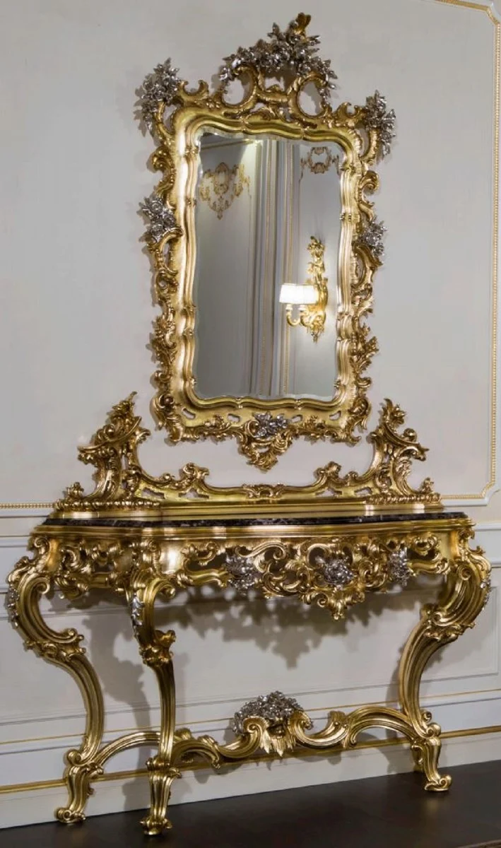 Casa Padrino Luxus Barock Möbel Set Konsole mit Spiegel Gold / Silber / Schwarz - Prunkvoller handgeschnitzter Konsolentisch mit Wandspiegel - Hotel Möbel - Schloss Möbel - Luxus Qualität - Made in Italy