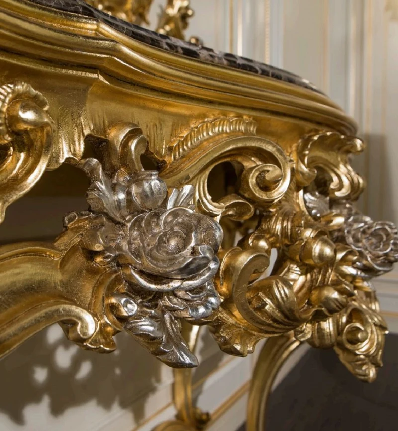Casa Padrino Luxus Barock Möbel Set Konsole mit Spiegel Gold / Silber / Schwarz - Prunkvoller handgeschnitzter Konsolentisch mit Wandspiegel - Hotel Möbel - Schloss Möbel - Luxus Qualität - Made in Italy