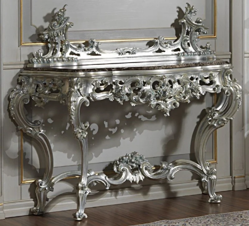 Casa Padrino Luxus Barock Konsole Silber / Schwarz - Prunkvoller handgeschnitzter Konsolentisch mit Marmorplatte - Hotel Möbel - Schloss Möbel - Luxus Qualität - Made in Italy