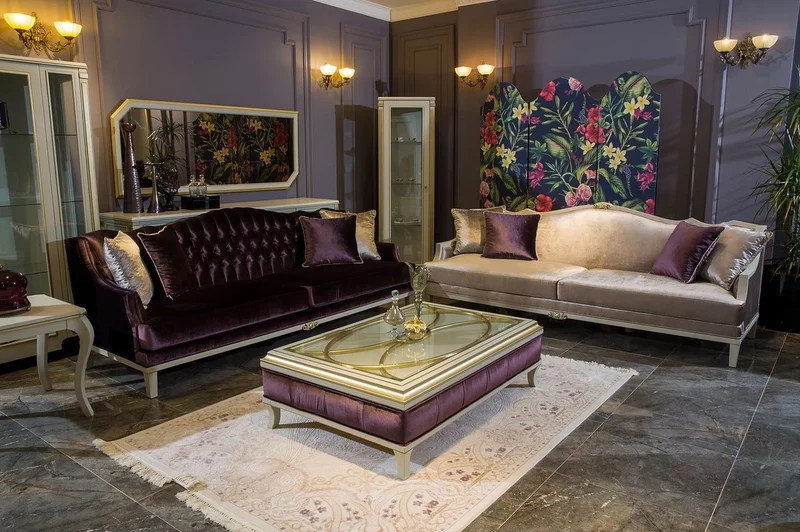 Casa Padrino Luxus Barock Couchtisch Weiß / Lila / Gold 130 x 85 x H. 39 cm - Edler Massivholz Wohnzimmertisch mit Glasplatte - Barock Wohnzimmer Möbel