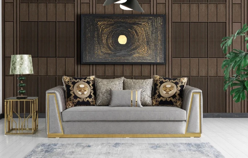 Casa Padrino Luxus Wohnzimmer Set Grau / Gold - 2 Sofas & 2 Sessel & 1 Couchtisch - Moderne Wohnzimmer Möbel - Luxus Qualität