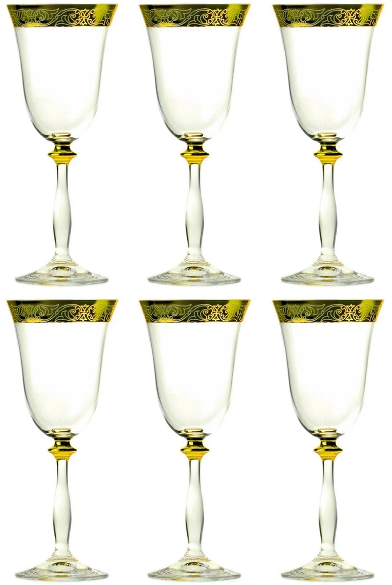 Casa Padrino Luxus Barock Weinglas 6er Set Gold Ø 8 x H. 20 cm - Handgefertigte und handgravierte Weingläser - Hotel & Restaurant Accessoires - Luxus Qualität