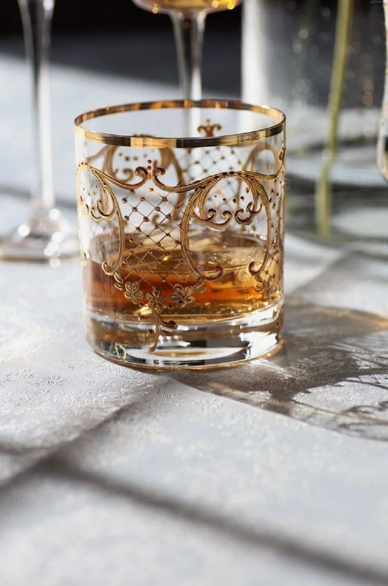 Casa Padrino Luxus Barock Whisky Glas 6er Set Gold Ø 8 x H. 9 cm - Handgefertigte und handbemalte Whiskygläser - Hotel & Restaurant Accessoires - Luxus Qualität