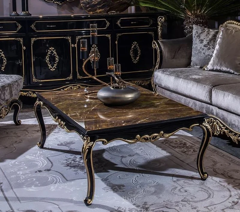 Casa Padrino Luxus Barock Couchtisch Schwarz / Gold 125 x 84 x H. 44 cm - Edler Massivholz Wohnzimmertisch im Barockstil - Barock Möbel