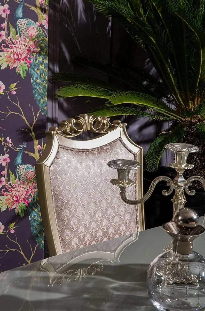 Casa Padrino Luxus Barock Esszimmer Set Rosa / Silber - 1 Esstisch & 6 Esszimmerstühle - Esszimmer Möbel im Barockstil - Edel & Prunkvoll