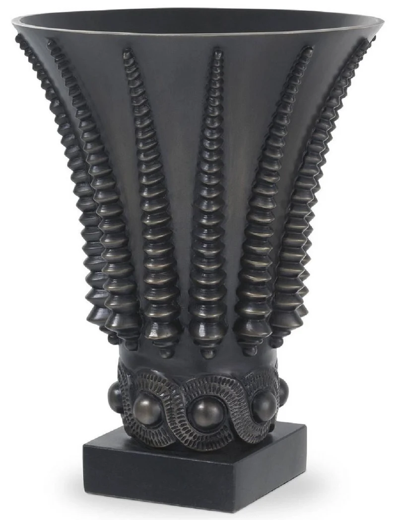 Casa Padrino Luxus Deko Vase Bronzefarben / Schwarz Ø 22 x H. 28 cm - Runde Messing Blumenvase mit Granitsockel - Luxus Qualität