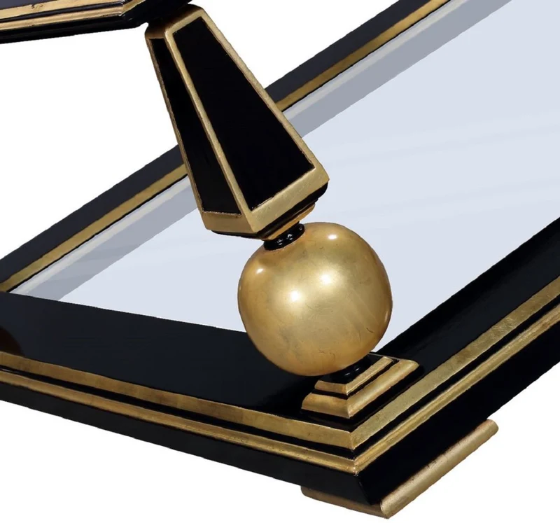 Casa Padrino Luxus Art Deco Couchtisch Schwarz / Gold 113 x 113 x H. 47 cm - Prunkvoller Massivholz Wohnzimmertisch mit Glasplatten - Art Deco Wohnzimmer Möbel