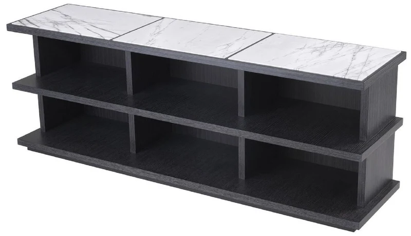 Casa Padrino Luxus Regalschrank Anthrazitgrau / Weiß / Fliederfarben 220 x 55 x H. 80 cm - Edler Massivholz Schrank mit 3 Regalen und Marmorplatten - Luxus Wohnzimmer Möbel