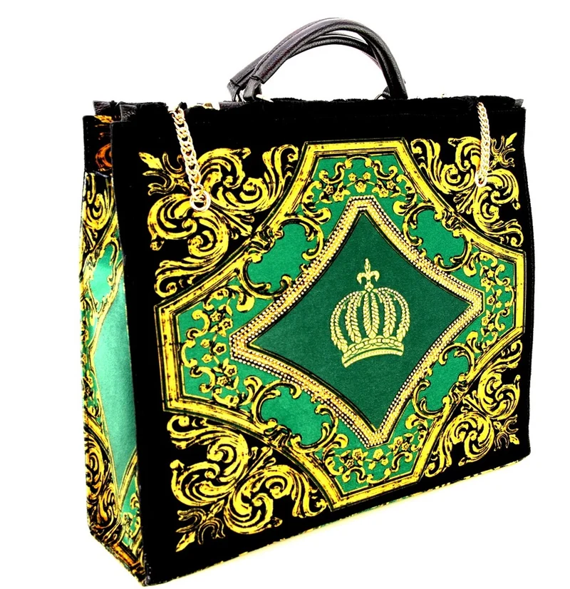 Pompöös by Casa Padrino Luxus Damen Handtasche Krone und Glitzersteine Grün / Schwarz / Gold 43 x H. 43 cm - designed by Harald Glööckler