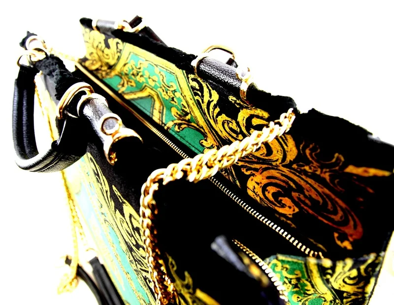 Pompöös by Casa Padrino Luxus Damen Handtasche Krone und Glitzersteine Grün / Schwarz / Gold 43 x H. 43 cm - designed by Harald Glööckler