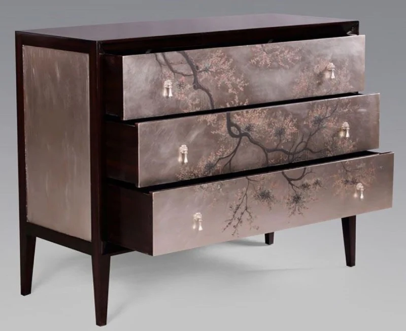 Casa Padrino Luxus Art Deco Kommode Dunkelbraun / Mehrfarbig 120 x 49 x H. 94 cm - Edle Mahagoni Kommode mit 3 Schubladen und elegantem japanischen Design - Luxus Möbel