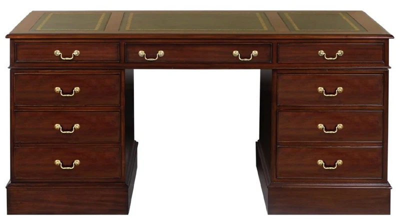 Casa Padrino Luxus Mahagoni Schreibtisch Dunkelbraun / Grün / Gold 140 x 70 x H. 78 cm - Bürotisch im englischen Stil - Luxus Büro Möbel