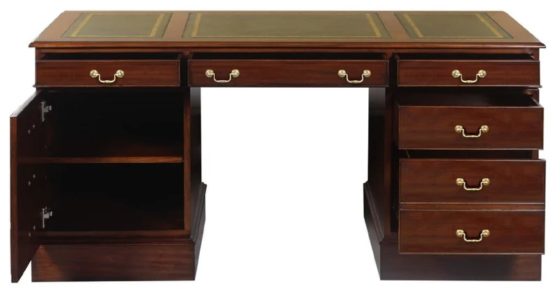 Casa Padrino Luxus Mahagoni Schreibtisch Dunkelbraun / Grün / Gold 140 x 70 x H. 78 cm - Bürotisch im englischen Stil - Luxus Büro Möbel