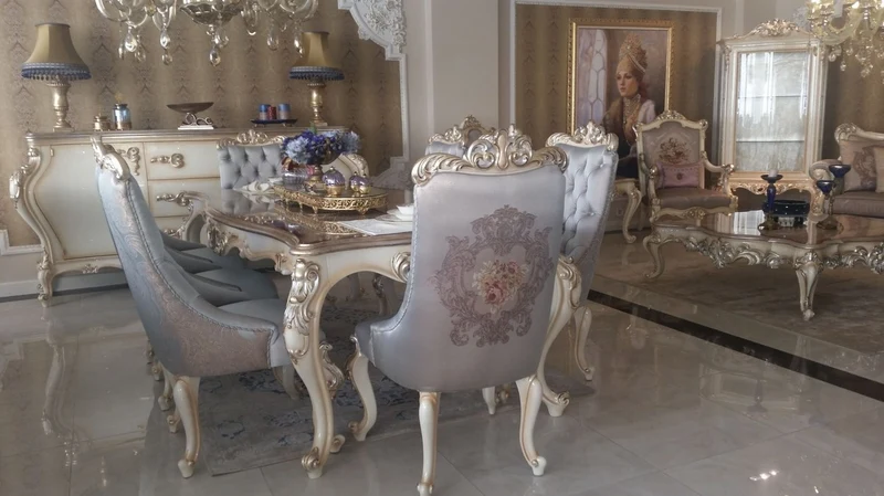 Casa Padrino Luxus Barock Esszimmer Set Silber / Creme / Gold - 1 Esstisch & 6 Esszimmerstühle - Handgefertigte Esszimmermöbel im Barockstil - Edel & Prunkvoll