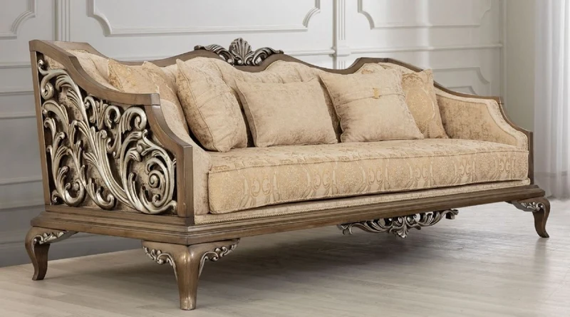 Casa Padrino Luxus Barock Sofa Beige / Gold / Braun / Silber - Wohnzimmer Sofa im Barockstil - Barock Wohnzimmer Möbel - Edel & Prunkvoll