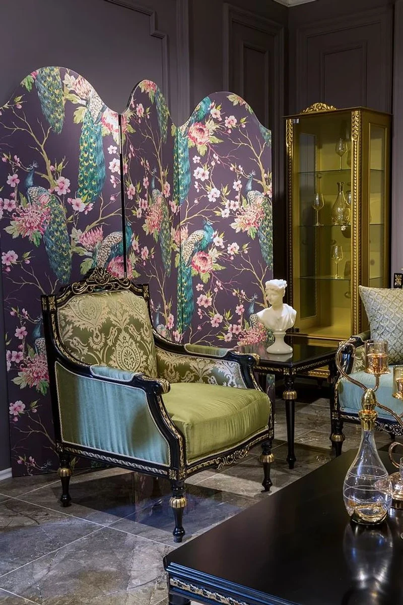 Casa Padrino Luxus Barock Sessel Grün / Schwarz / Gold 75 x 74 x H. 106 cm - Edler Massivholz Sessel mit elegantem Muster - Wohnzimmer Möbel im Barockstil