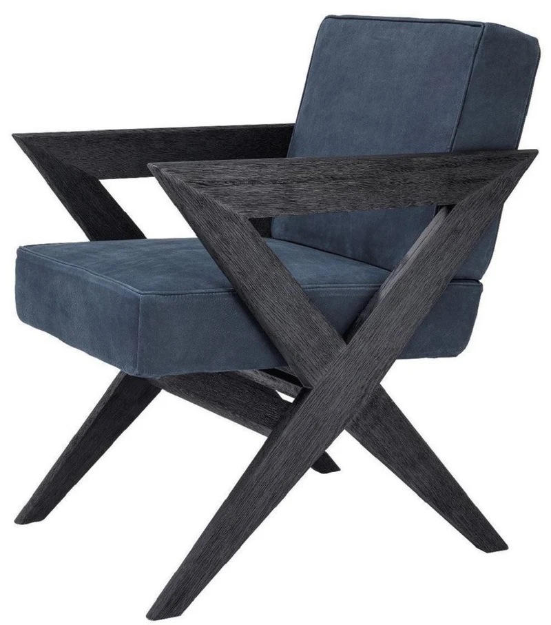 Casa Padrino Luxus Echtleder Esszimmerstuhl mit Armlehnen Blau / Schwarz 59 x 74 x H. 88 cm - Küchenstuhl mit edlem Nubuk Büffelleder - Luxus Esszimmer Möbel