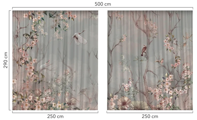 Casa Padrino Luxus Vorhang Set Vögel im Wald Hellgrau / Mehrfarbig 250 x H. 290 cm - Bedruckte Leinen & Samt Vorhänge - Ösenvorhänge - Schiebevorhänge - Luxus Qualität