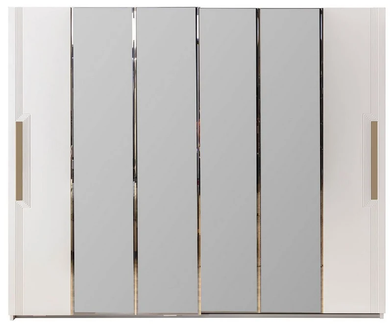 Casa Padrino Luxus Schlafzimmerschrank Weiß / Gold 260 x 70 x H. 220 cm - Verspiegelter Massivholz Kleiderschrank mit 2 Schiebetüren - Luxus Schlafzimmer Möbel