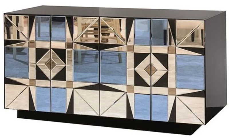 Casa Padrino Luxus Sideboard Schwarz / Blau 140 x 45 x H. 80 cm - Massivholz Schrank mit 4 verspiegelten Türen - Luxus Möbel
