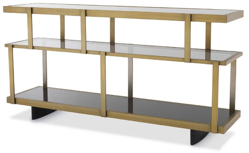 Casa Padrino Luxus Konsole Messingfarben / Schwarz 180 x 46 x H. 91 cm - Edelstahl Schrank mit Glasregalen - Regalschrank - Wohnzimmer Schrank - Büroschrank - Luxus Qualität
