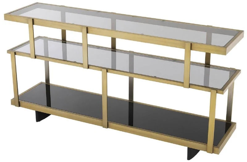 Casa Padrino Luxus Konsole Messingfarben / Schwarz 180 x 46 x H. 91 cm - Edelstahl Schrank mit Glasregalen - Regalschrank - Wohnzimmer Schrank - Büroschrank - Luxus Qualität