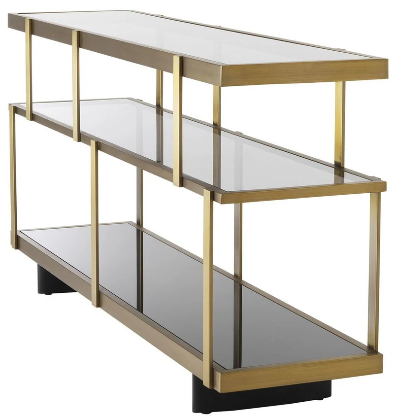 Casa Padrino Luxus Konsole Messingfarben / Schwarz 180 x 46 x H. 91 cm - Edelstahl Schrank mit Glasregalen - Regalschrank - Wohnzimmer Schrank - Büroschrank - Luxus Qualität