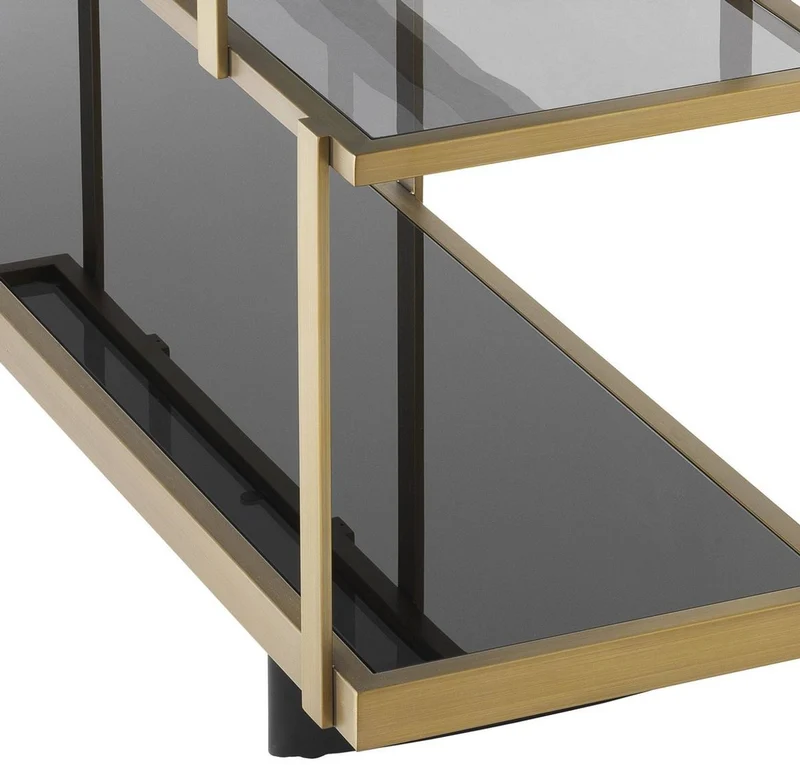 Casa Padrino Luxus Konsole Messingfarben / Schwarz 180 x 46 x H. 91 cm - Edelstahl Schrank mit Glasregalen - Regalschrank - Wohnzimmer Schrank - Büroschrank - Luxus Qualität