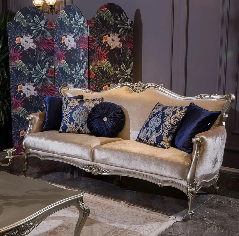 Casa Padrino Luxus Barock Wohnzimmer Sofa mit dekorativen Kissen Rosa / Silber 212 x 84 x H. 107 cm - Prunkvolle Barock Möbel