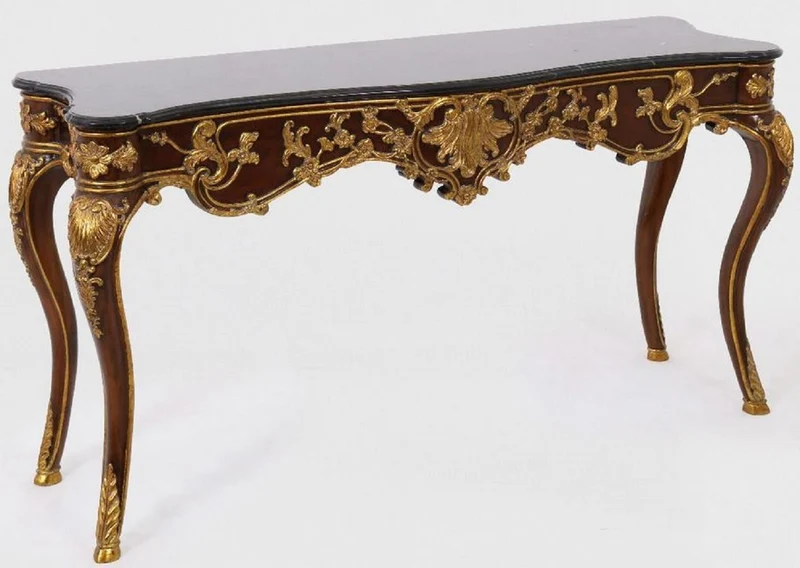 Casa Padrino Luxus Barock Konsole Dunkelbraun / Gold / Schwarz 155 x 45 x H. 80 cm - Mahagoni Konsolentisch mit edlen Verzierungen und Marmorplatte - Möbel im Barockstil