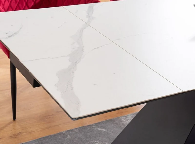 Casa Padrino Designer Esstisch Weiß / Matt Schwarz 160-240 x 90 x H. 76 cm - Ausziehbarer Esszimmertisch mit Tischplatte in Marmoroptik - Esszimmer Möbel