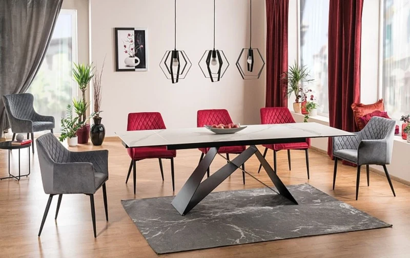 Casa Padrino Designer Esstisch Weiß / Matt Schwarz 160-240 x 90 x H. 76 cm - Ausziehbarer Esszimmertisch mit Tischplatte in Marmoroptik - Esszimmer Möbel