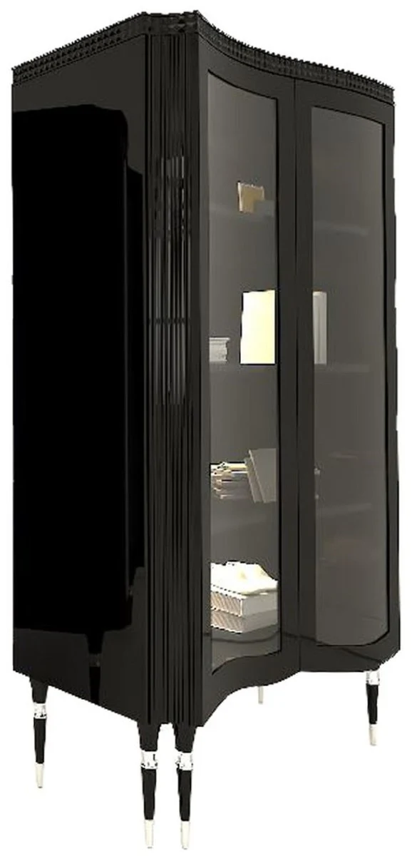 Casa Padrino Luxus Art Deco Vitrine Schwarz / Silber - Handgefertigter Massivholz Vitrinenschrank mit 2 Glastüren - Art Deco Wohnzimmer Möbel