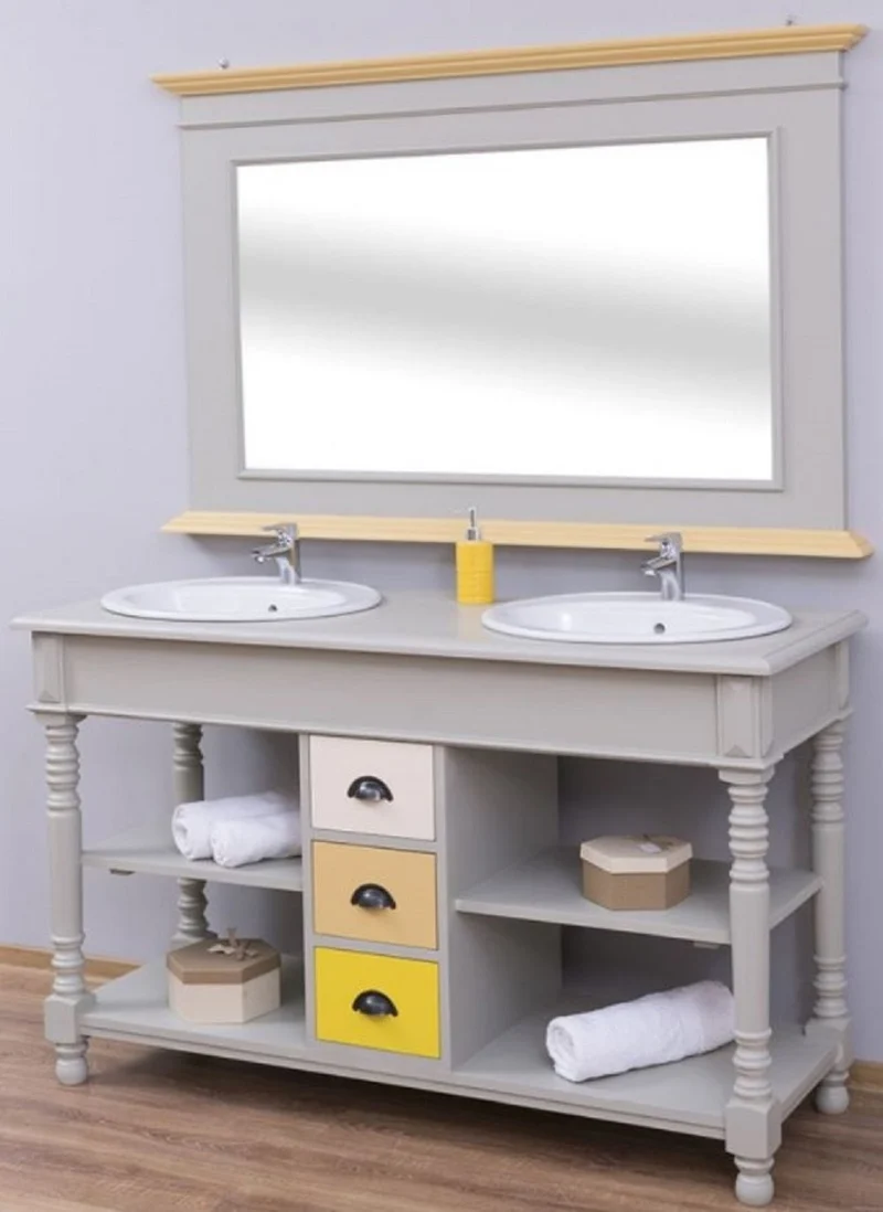 Casa Padrino Landhausstil Badezimmer Set Grau / Naturfarben / Mehrfarbig - 1 Doppelwaschtisch & 1 Wandspiegel - Massivholz Badezimmermöbel im Landhausstil
