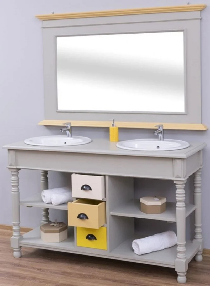 Casa Padrino Landhausstil Badezimmer Set Grau / Naturfarben / Mehrfarbig - 1 Doppelwaschtisch & 1 Wandspiegel - Massivholz Badezimmermöbel im Landhausstil