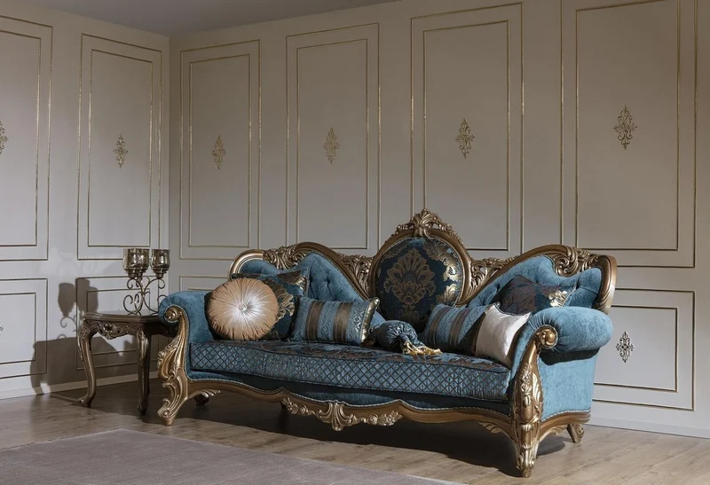 Casa Padrino Luxus Barock Wohnzimmer Set Blau / Gold - 2 Sofas & 2 Sessel & 1 Couchtisch - Prunkvolle Wohnzimmer Möbel im Barockstil