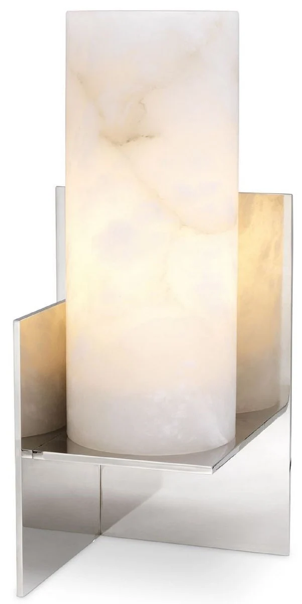 Casa Padrino Designer Tischleuchte Silber / Alabaster 18,5 x 18,5 x H. 40 cm - Moderne Tischlampe mit Alabaster Lampenschirm - Luxus Kollektion