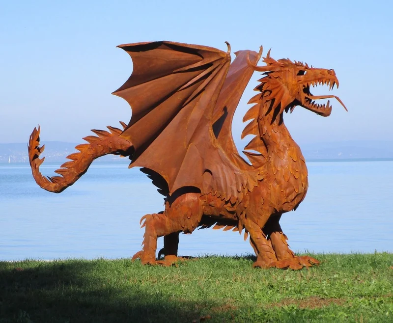 Casa Padrino Luxus Gartendeko Skulptur Drache Rostfarben 290 x 180 x H. 235 cm - Riesige Stahl Deko Figur - Gartenfigur - Hotel Garten Deko