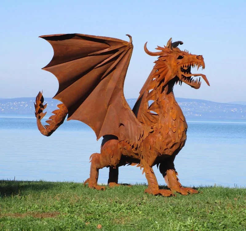 Casa Padrino Luxus Gartendeko Skulptur Drache Rostfarben 290 x 180 x H. 235 cm - Riesige Stahl Deko Figur - Gartenfigur - Hotel Garten Deko