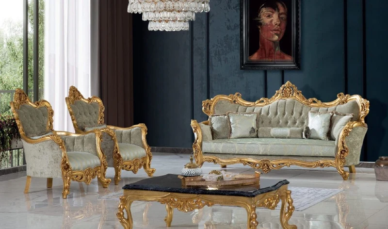 Casa Padrino Luxus Barock Couchtisch Schwarz / Gold 120 x 85 x H. 50 cm - Prunkvoller Massivholz Wohnzimmertisch mit Tischplatte in Marmoroptik - Barock Möbel