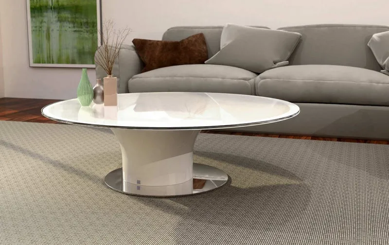 Casa Padrino Luxus Couchtisch Hochglanz Weiß / Silber Ø 140 x H. 40 cm - Runder Wohnzimmertisch mit Glasplatte - Luxus Wohnzimmer Möbel