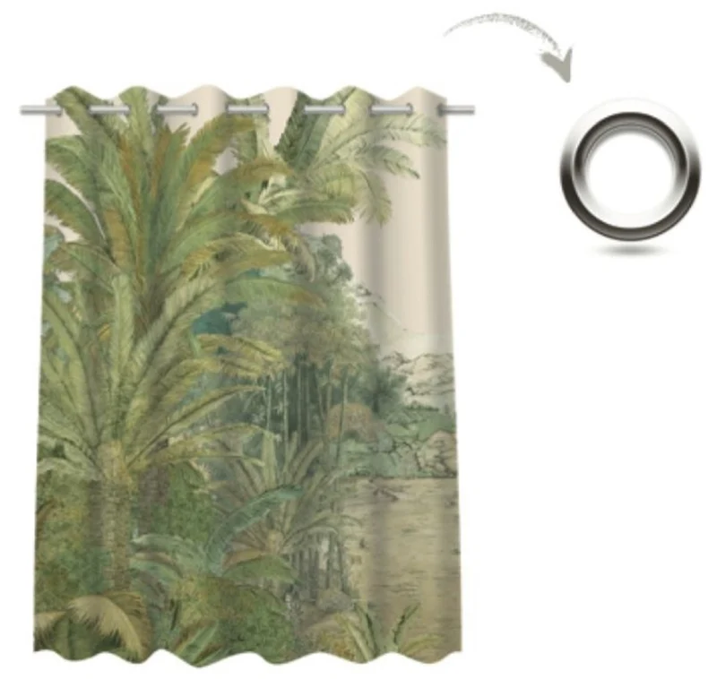 Casa Padrino Luxus Vorhang Set Palmen Landschaft Creme / Grün 250 x H. 290 cm - Bedruckte Leinen & Samt Vorhänge - Ösenvorhänge - Schiebevorhänge - Luxus Deko Accessoires
