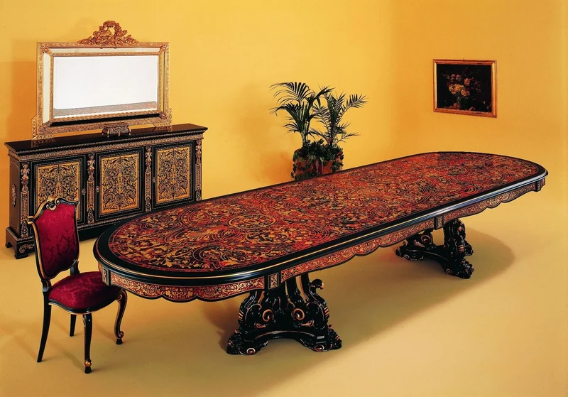 Casa Padrino Luxus Barock Boulle Esstisch Schwarz / Rot / Gold 400 x 130 x H. 80 cm - Handgefertigter Massivholz Esszimmertisch - Barock Esszimmer Möbel - Edel & Prunkvoll