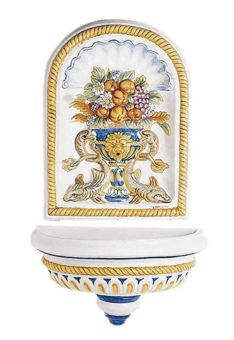Casa Padrino Luxus Jugendstil Wandbrunnen Weiß / Mehrfarbig 62 x 31 x H. 107 cm - Handgefertigter & handbemalter Keramik Brunnen - Barock & Jugendstil Garten Deko Accessoires