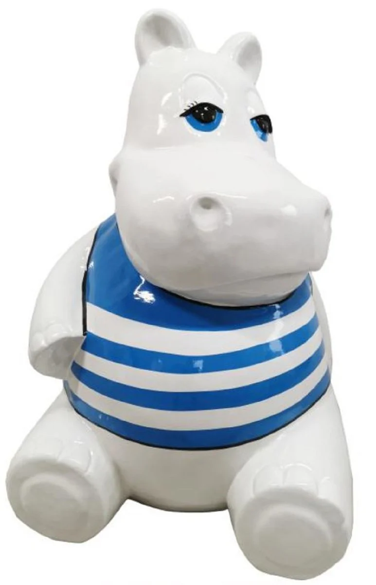 Casa Padrino Designer Deko Skulptur Sitzendes Nilpferd Weiß / Blau H. 100 cm - Wetterbeständige Dekofigur - Wohnzimmer Deko - Garten Deko - Terrassen Deko