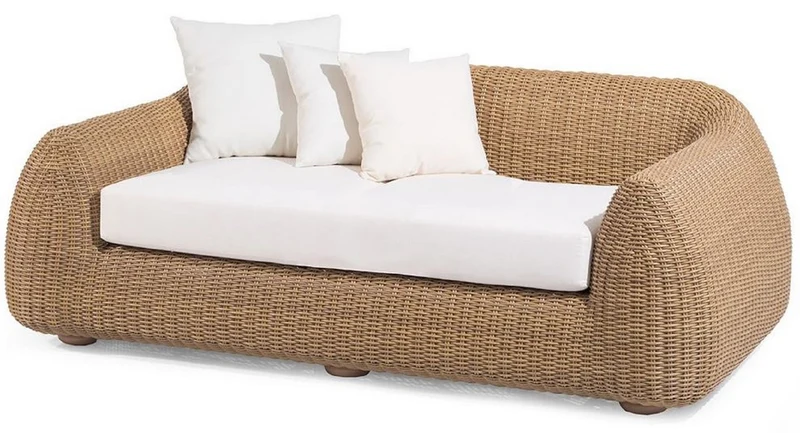 Casa Padrino Luxus Gartensofa Naturfarben / Weiß 196 x 124 x H. 72 cm - Handgewebtes wetterbeständiges Sofa mit Kissen - Moderne Garten Möbel - Hotel Möbel