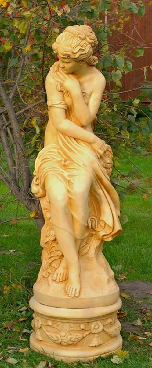 Casa Padrino Jugendstil Deko Skulptur Mädchen Antik Stil Creme H. 160 cm - Prunkvolle Garten Statue mit Sockel - Gartenskulptur - Steinfigur - Garten & Terrassen Deko Accessoires